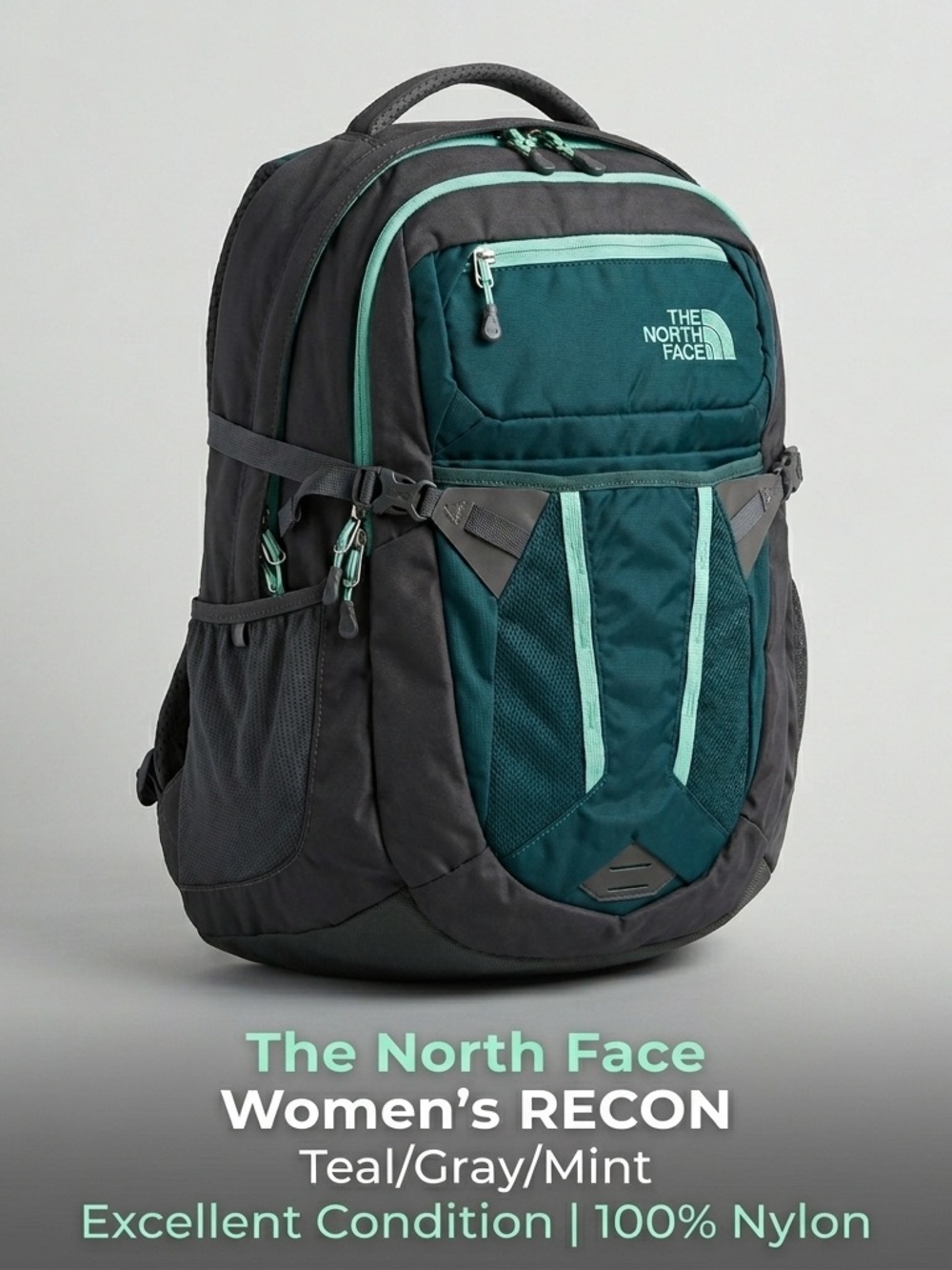 The North Face Womens Recon Backpack Teal Gray Nylon 31L Laptop Hiking Daypack